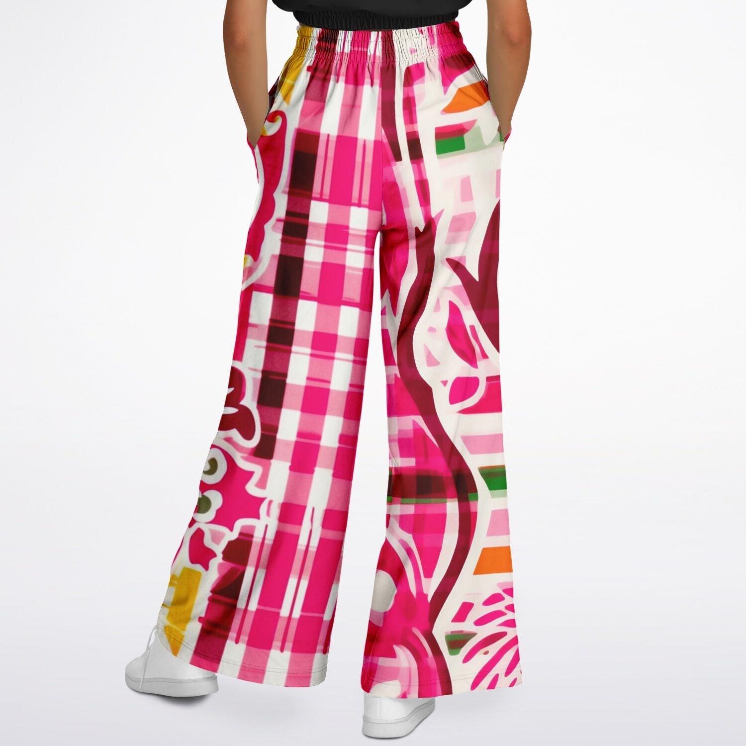 Cabbage Rose Pink Floral Plaid Eco-Poly Wide Leg Pants