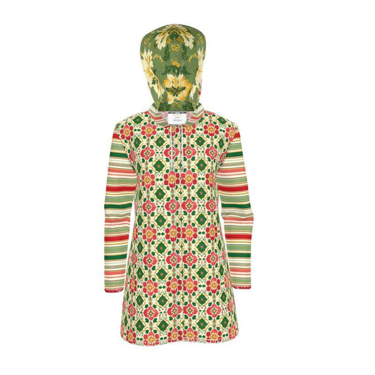 Maharani in Orange and Green Floral Stripe Womens Hooded Rain Jacket