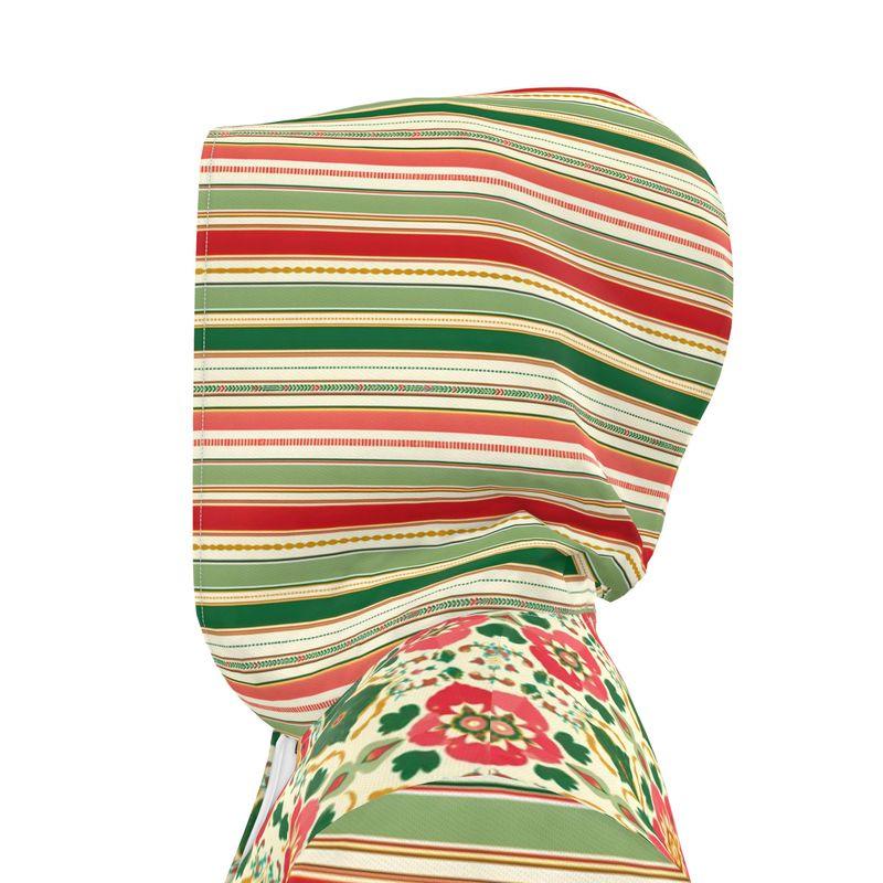 Maharani in Orange and Green Floral Stripe Womens Hooded Rain Jacket