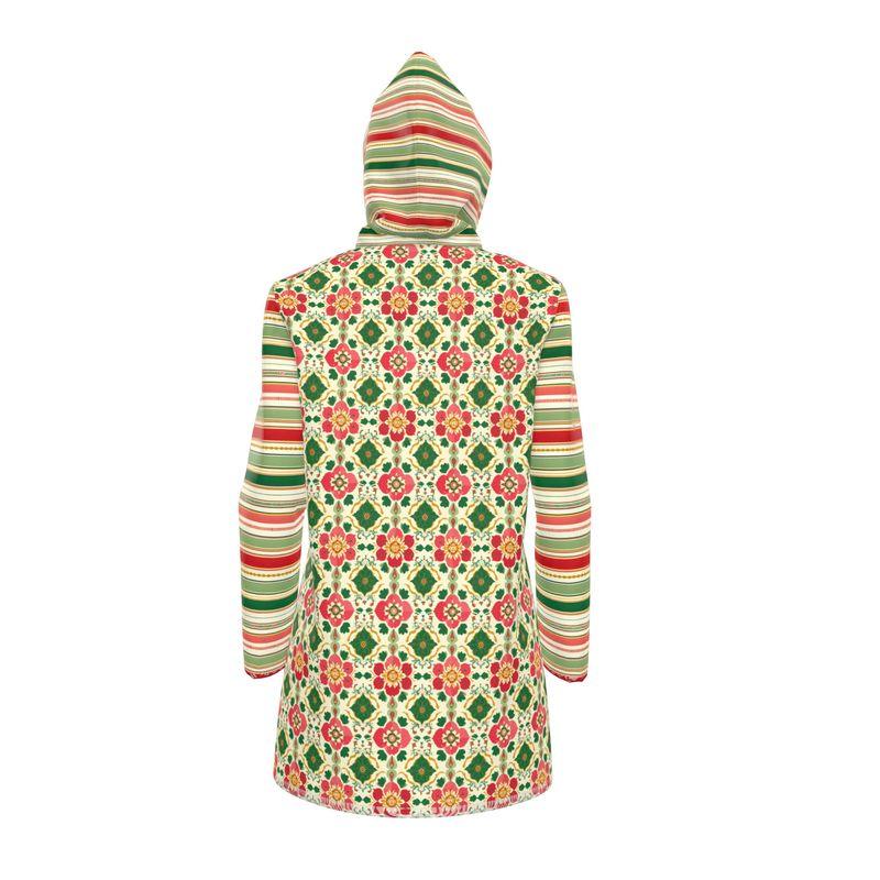 Maharani in Orange and Green Floral Stripe Womens Hooded Rain Jacket