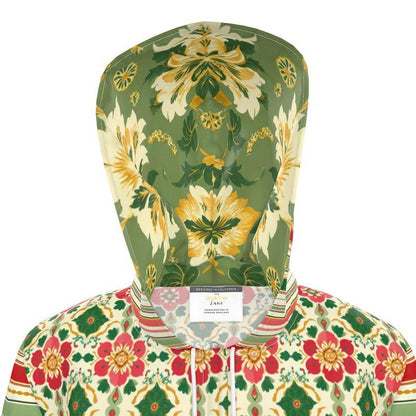 Maharani in Orange and Green Floral Stripe Womens Hooded Rain Jacket