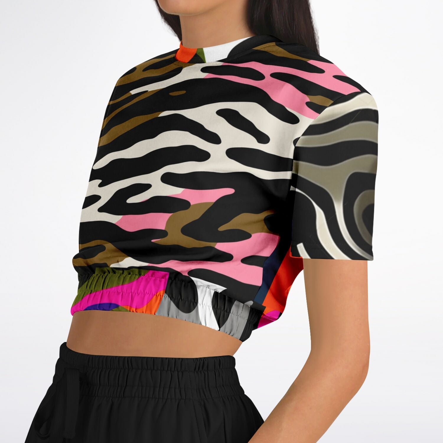 Wowzer Zowzer Animal Print Patchwork Eco-Poly Cropped Short Sleeve Pullover