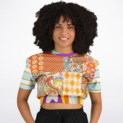 Happy Valley Retro Floral Patchwork Eco-Poly Short Sleeve Cropped Pullover