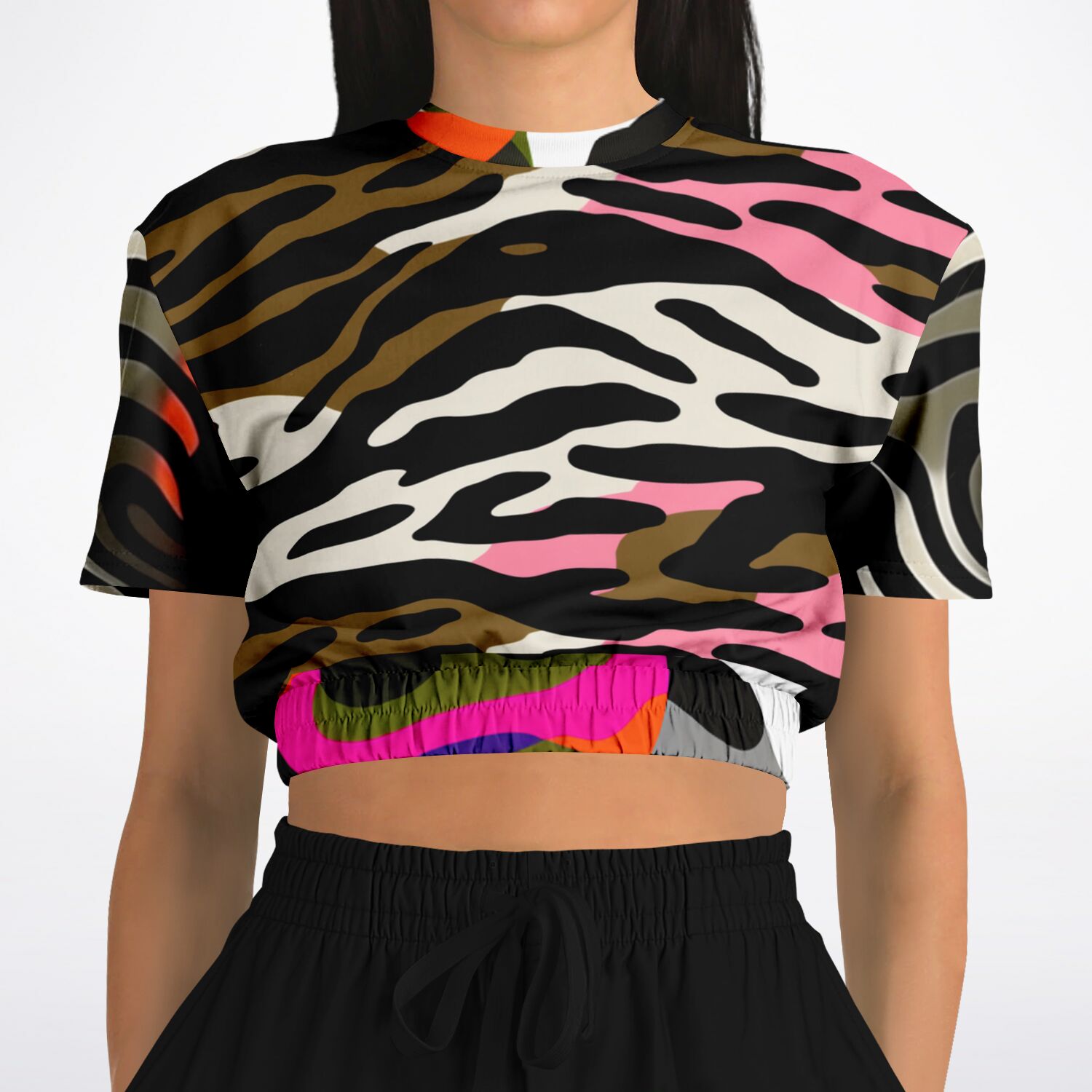 Wowzer Zowzer Animal Print Patchwork Eco-Poly Cropped Short Sleeve Pullover