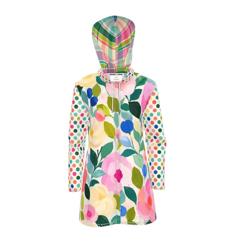 Paris in Full Bloom Floral and Dots Womens Hooded Rain Jacket