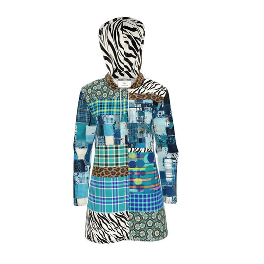 So Royal I'm Blue Animal Print Patchwork Womens Hooded Rain Jacket