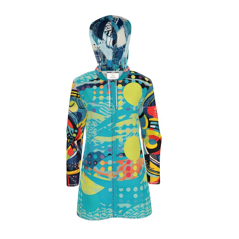 Turquoise Abstract Moon Geometric Print Womens Hooded Rain Jacket