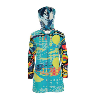 Turquoise Abstract Moon Geometric Print Womens Hooded Rain Jacket