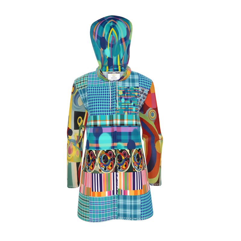 Electric Kaleidoscope Daydream Patchwork Womens Hooded Rain Jacket