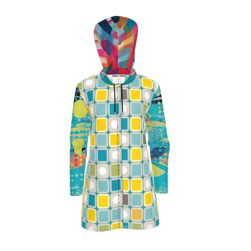 Sunny Aqua Mod Tile Womens Hooded Rain Jacket