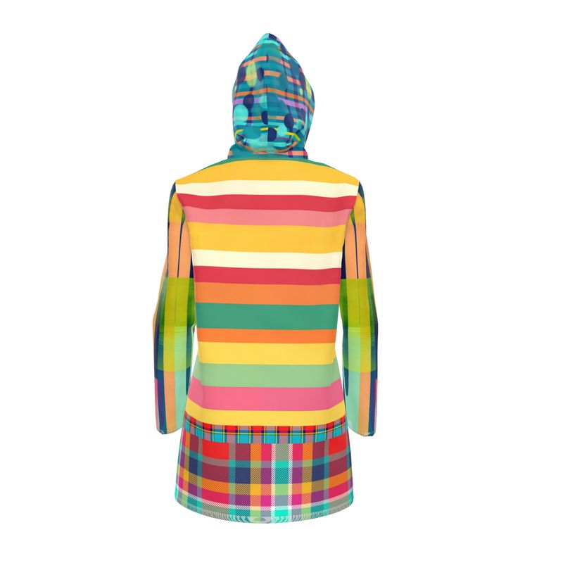 Rainbow Cabana Plaid and Rugby Stripe Womens Hooded Rain Jacket