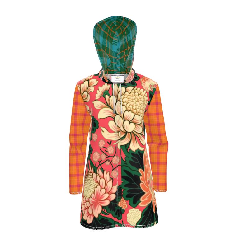 Coral Chrysanthemum Plaid Womens Hooded Rain Jacket