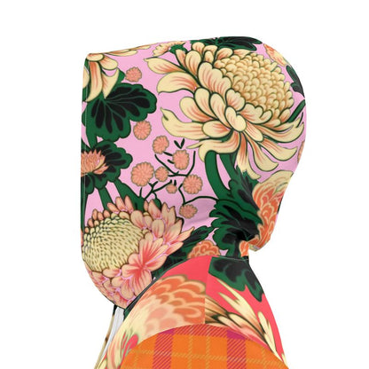 Coral Chrysanthemum Plaid Womens Hooded Rain Jacket