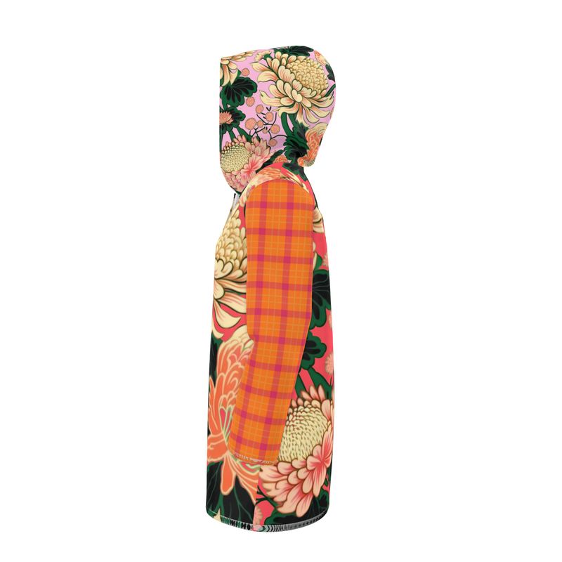 Coral Chrysanthemum Plaid Womens Hooded Rain Jacket