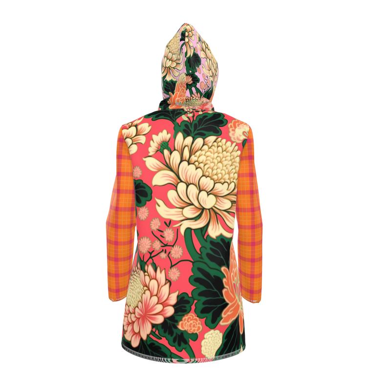 Coral Chrysanthemum Plaid Womens Hooded Rain Jacket