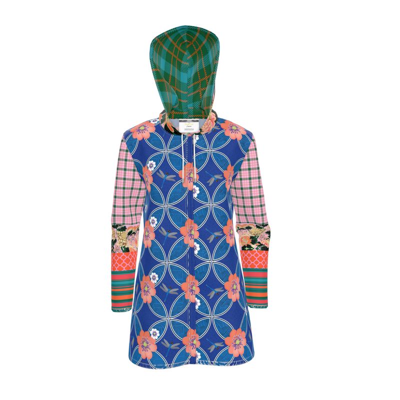 Blue Blossom Patchwork Womens Hooded Rain Jacket