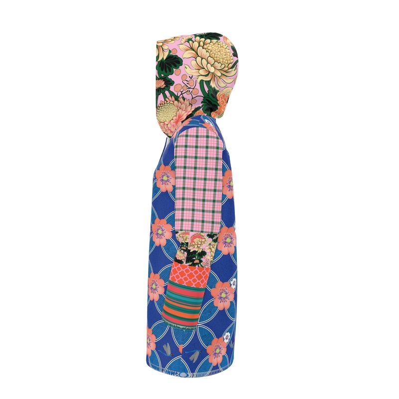 Blue Blossom Patchwork Womens Hooded Rain Jacket