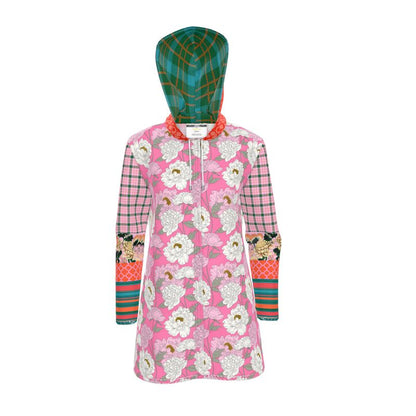 Pink Peony Floral Plaid Womens Hooded Rain Jacket