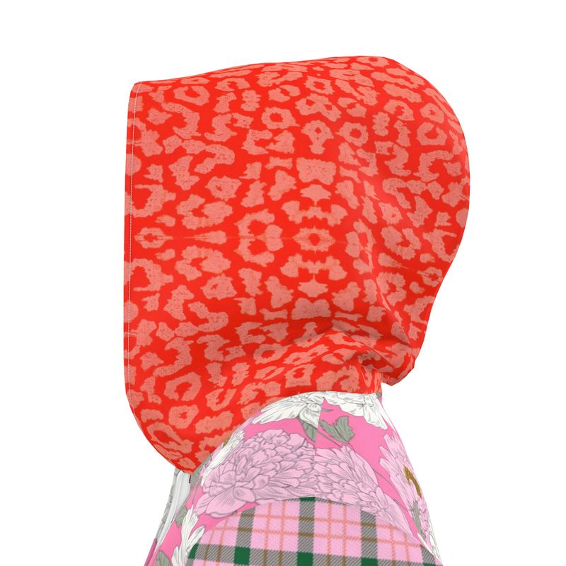 Pink Peony Floral Plaid Womens Hooded Rain Jacket