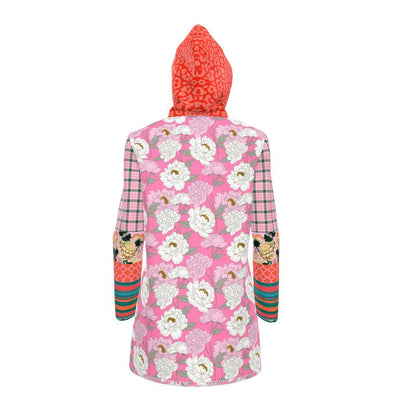 Pink Peony Floral Plaid Womens Hooded Rain Jacket