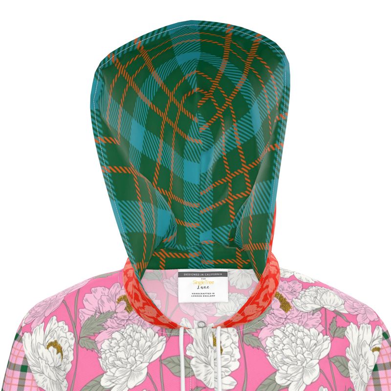 Pink Peony Floral Plaid Womens Hooded Rain Jacket