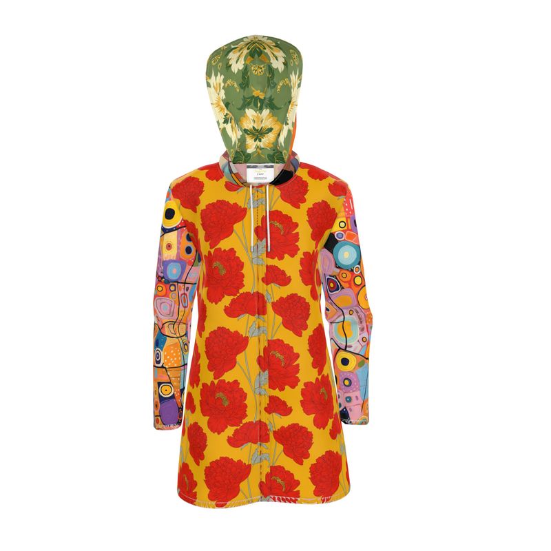 Red &amp; Golden Poppy Graffiti Patchwork Womens Hooded Rain Jacket