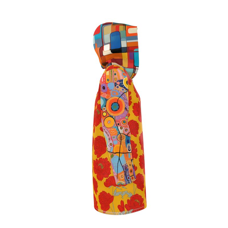Red &amp; Golden Poppy Graffiti Patchwork Womens Hooded Rain Jacket