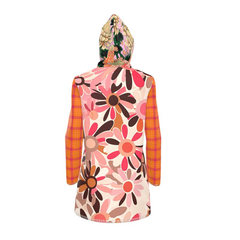 Pink Mod Daisy Floral Plaid Womens Hooded Rain Jacket