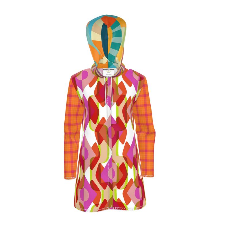 Tangerine Mod Geo Plaid Womens Hooded Rain Jacket