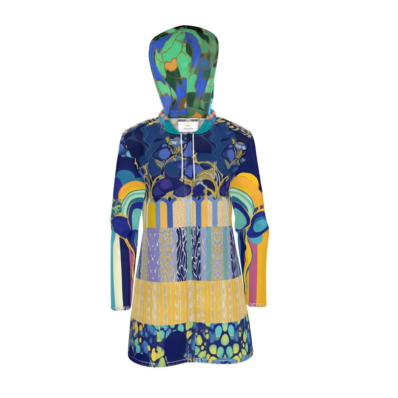 Blue Iris Mosaic Stripe Womens Hooded Rain Jacket