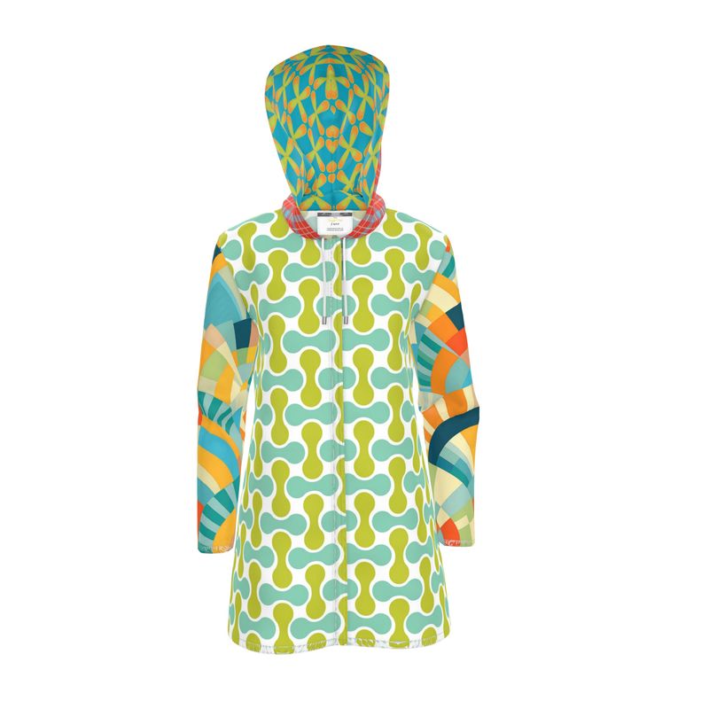 Aqua Clover Sunburst Plaid Womens Hooded Rain Jacket