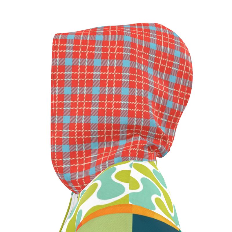 Aqua Clover Sunburst Plaid Womens Hooded Rain Jacket
