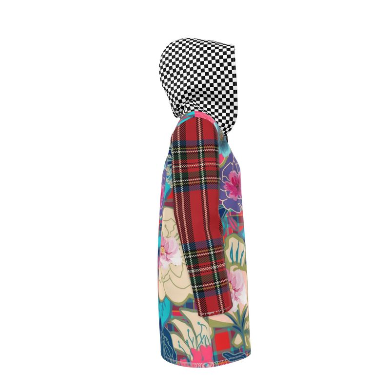 Mixed Bloom Floral Plaid Checkerboard Womens Hooded Rain Jacket