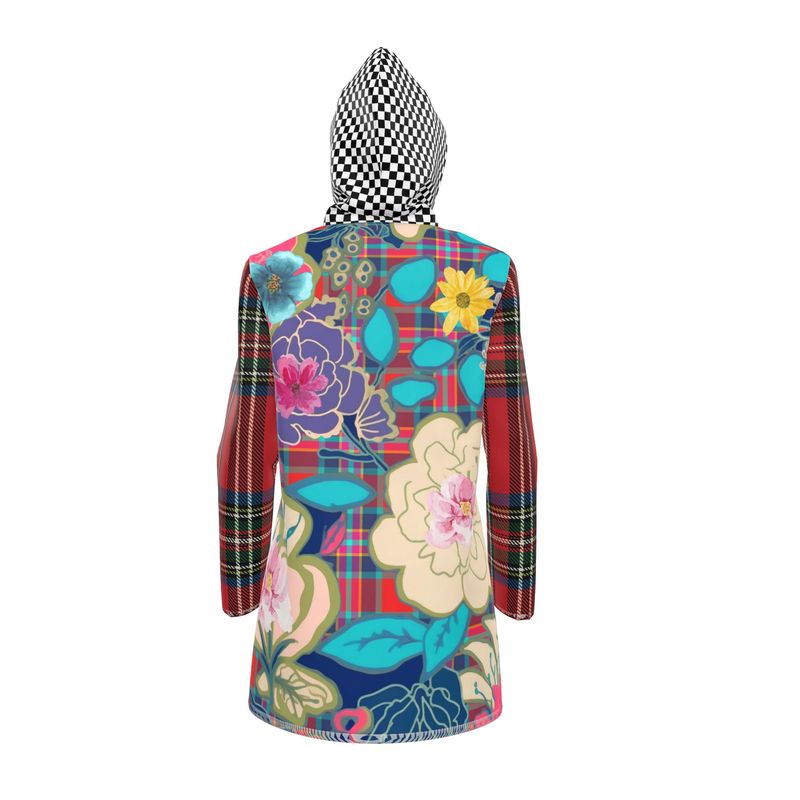 Mixed Bloom Floral Plaid Checkerboard Womens Hooded Rain Jacket