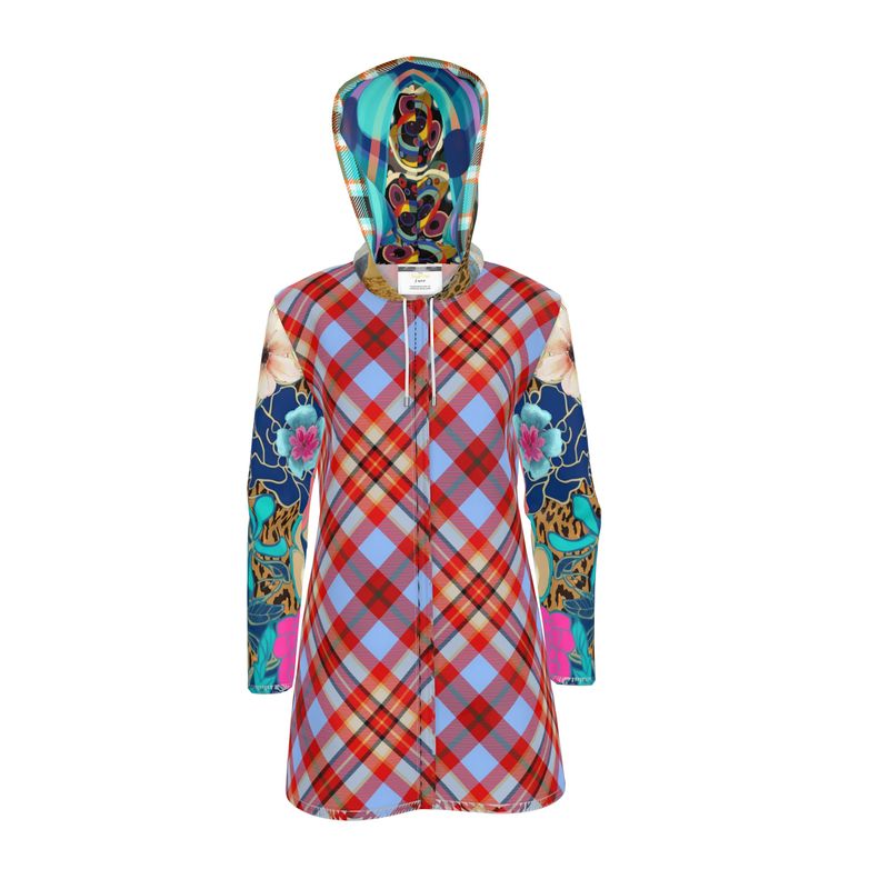 Red Tartan Bloom Patchwork Womens Hooded Rain Jacket