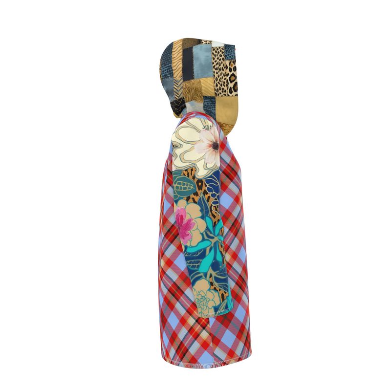Red Tartan Bloom Patchwork Womens Hooded Rain Jacket
