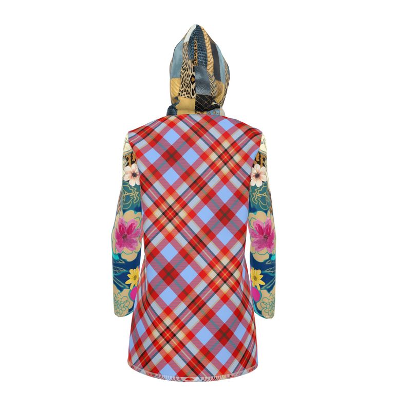 Red Tartan Bloom Patchwork Womens Hooded Rain Jacket