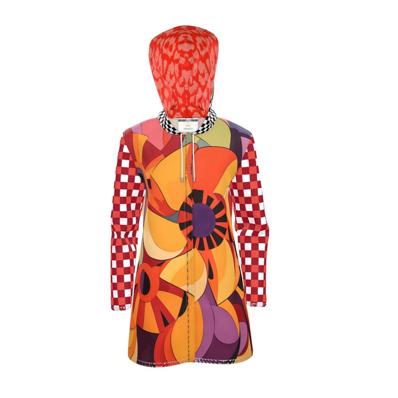 Orange Poppy Gingham Checkerboard Womens Hooded Rain Jacket