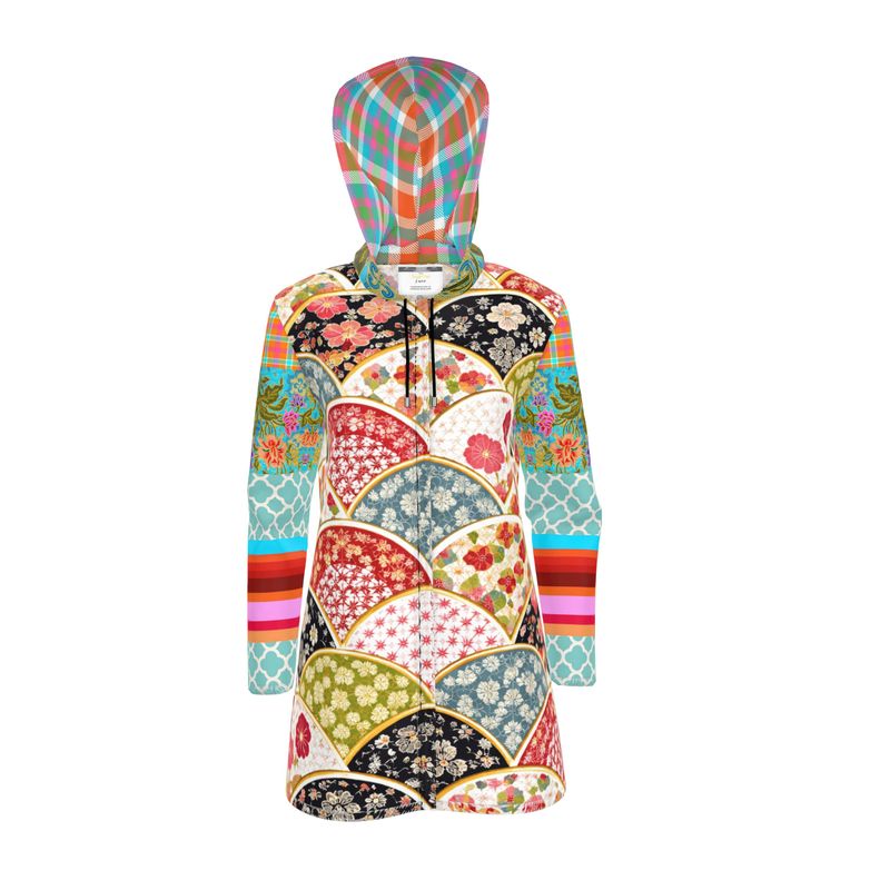 Asian Floral Fan Patchwork Womens Hooded Rain Jacket