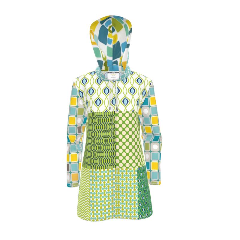 Lime Aqua Mod Mosaic Womens Hooded Rain Jacket