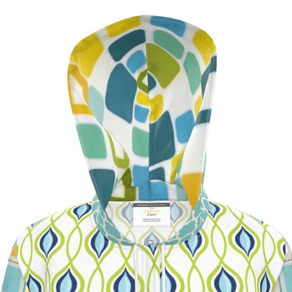 Lime Aqua Mod Mosaic Womens Hooded Rain Jacket