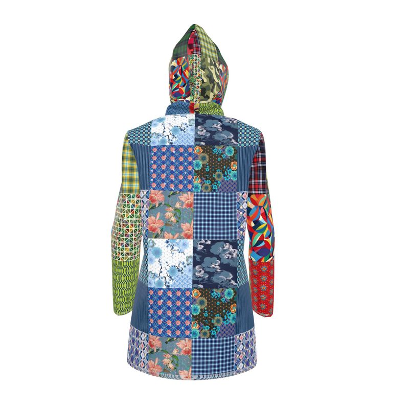 Blue Indigo Gingham Plaid Patchwork Womens Hooded Rain Jacket