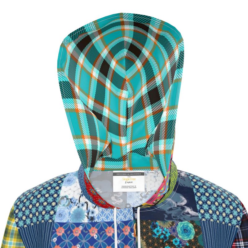Blue Indigo Gingham Plaid Patchwork Womens Hooded Rain Jacket