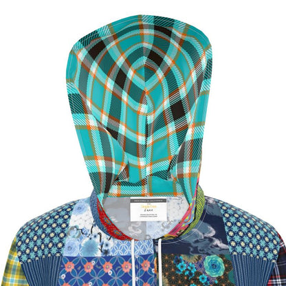 Blue Indigo Gingham Plaid Patchwork Womens Hooded Rain Jacket
