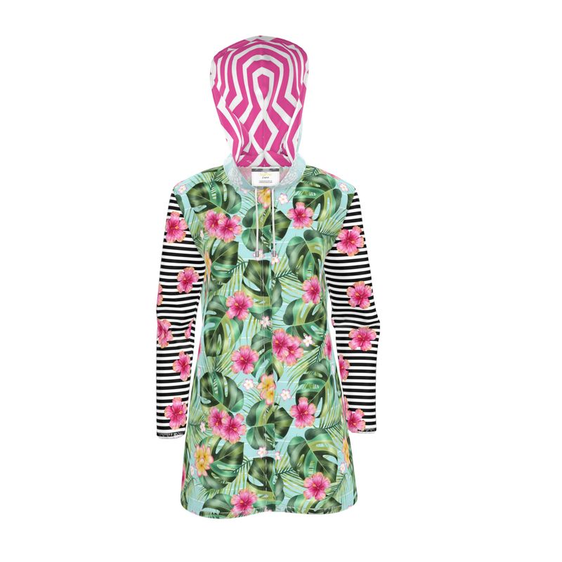 Tropical Hibiscus Stripe Womens Hooded Rain Jacket