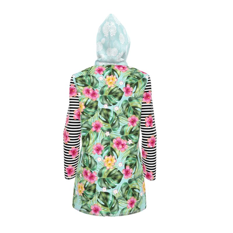 Tropical Hibiscus Stripe Womens Hooded Rain Jacket