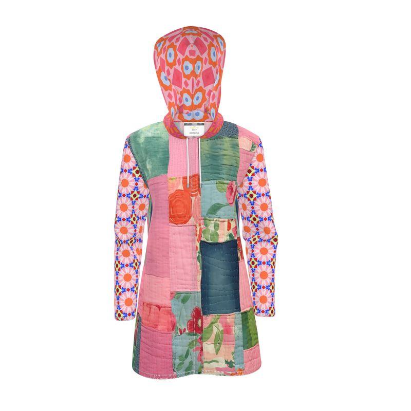 Pink Patchwork Floral Garden Quilt Womens Hooded Rain Jacket