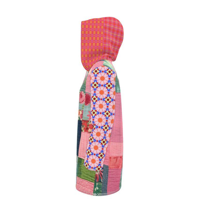 Pink Patchwork Floral Garden Quilt Womens Hooded Rain Jacket