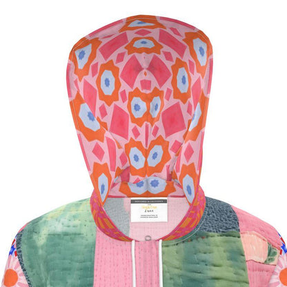 Pink Patchwork Floral Garden Quilt Womens Hooded Rain Jacket