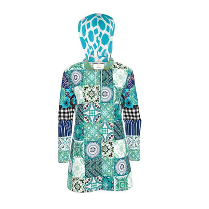 Aqua Mediterranean Mosaic Tile Womens Hooded Rain Jacket